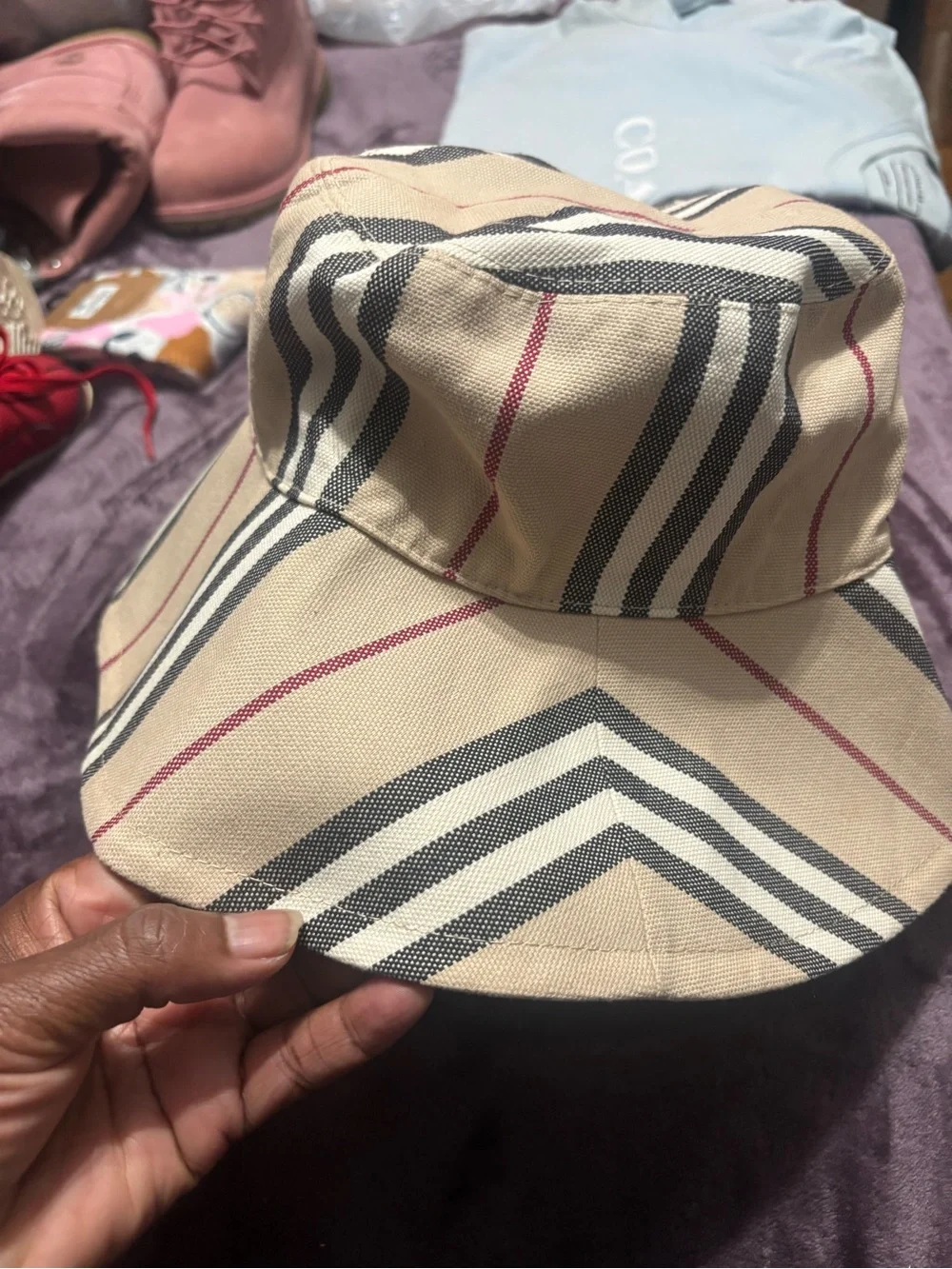 Burberry Beige, Black & Red Striped Bucket Hat